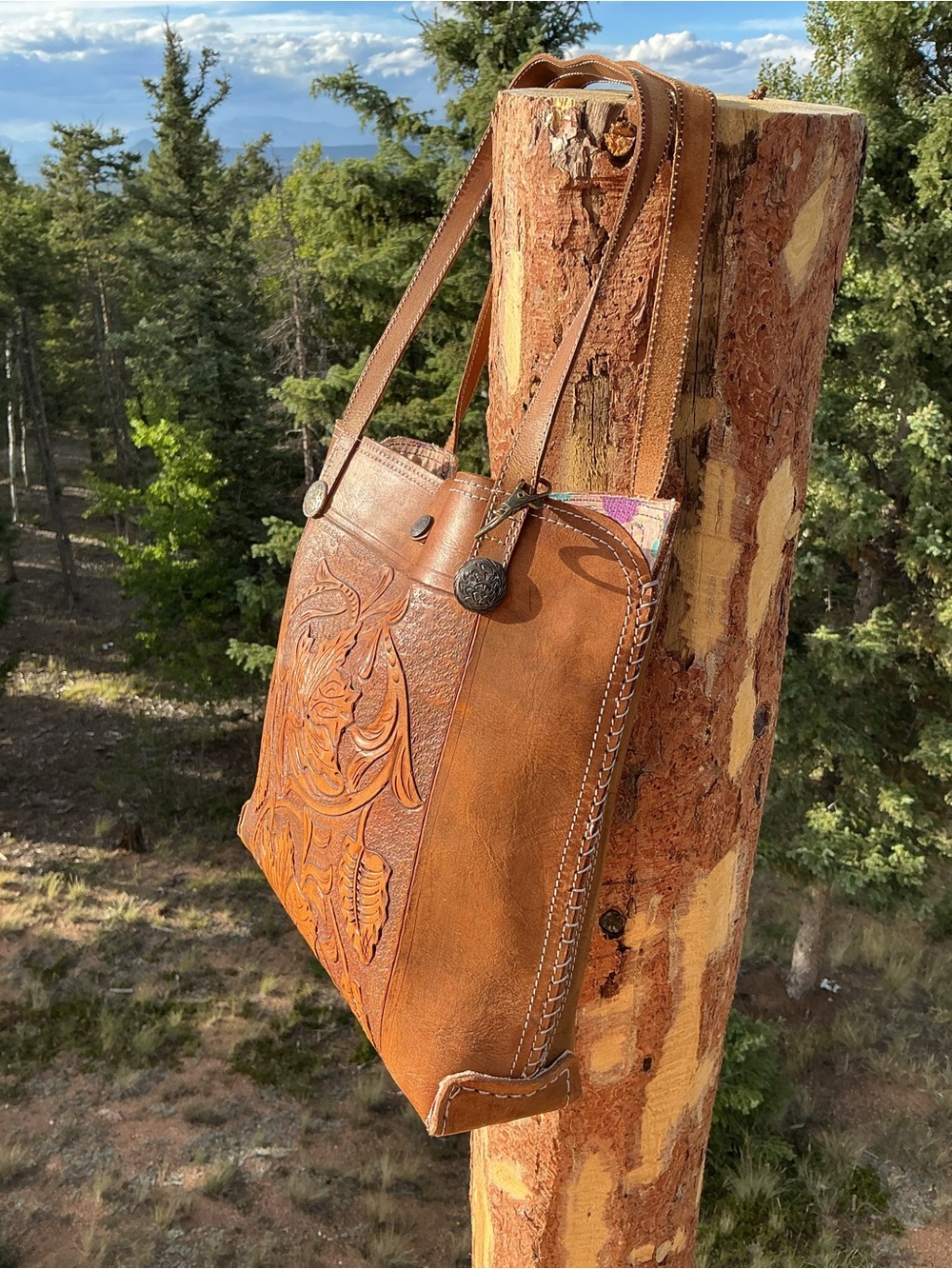 Tooled Leather Floral Tote Bag | Vintage Western Boho Shoulder Bag/ Double Sided - Picture 5 of 13